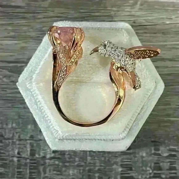 Fashion Pink Zircon Rhinestone Hummingbird Rose Gold Ring Size 9 - Picture 7 of 8